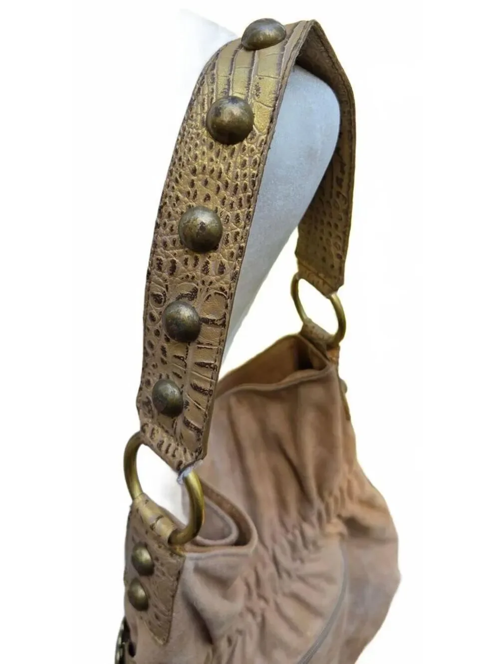 Vintage Kathy Van Zeeland Tan Faux Suede Concho Belt Studded Hobo Shoulder Bag